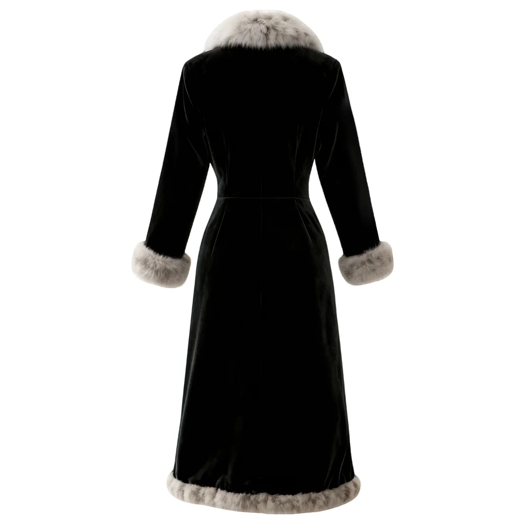 Women's Retro Velvet Fur Collar Long Coat With Side