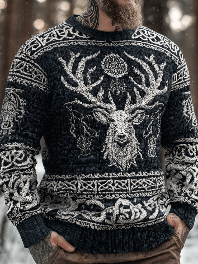 Celtic Knot & Elk Pattern Men's Icelandic Sweater elevenforest