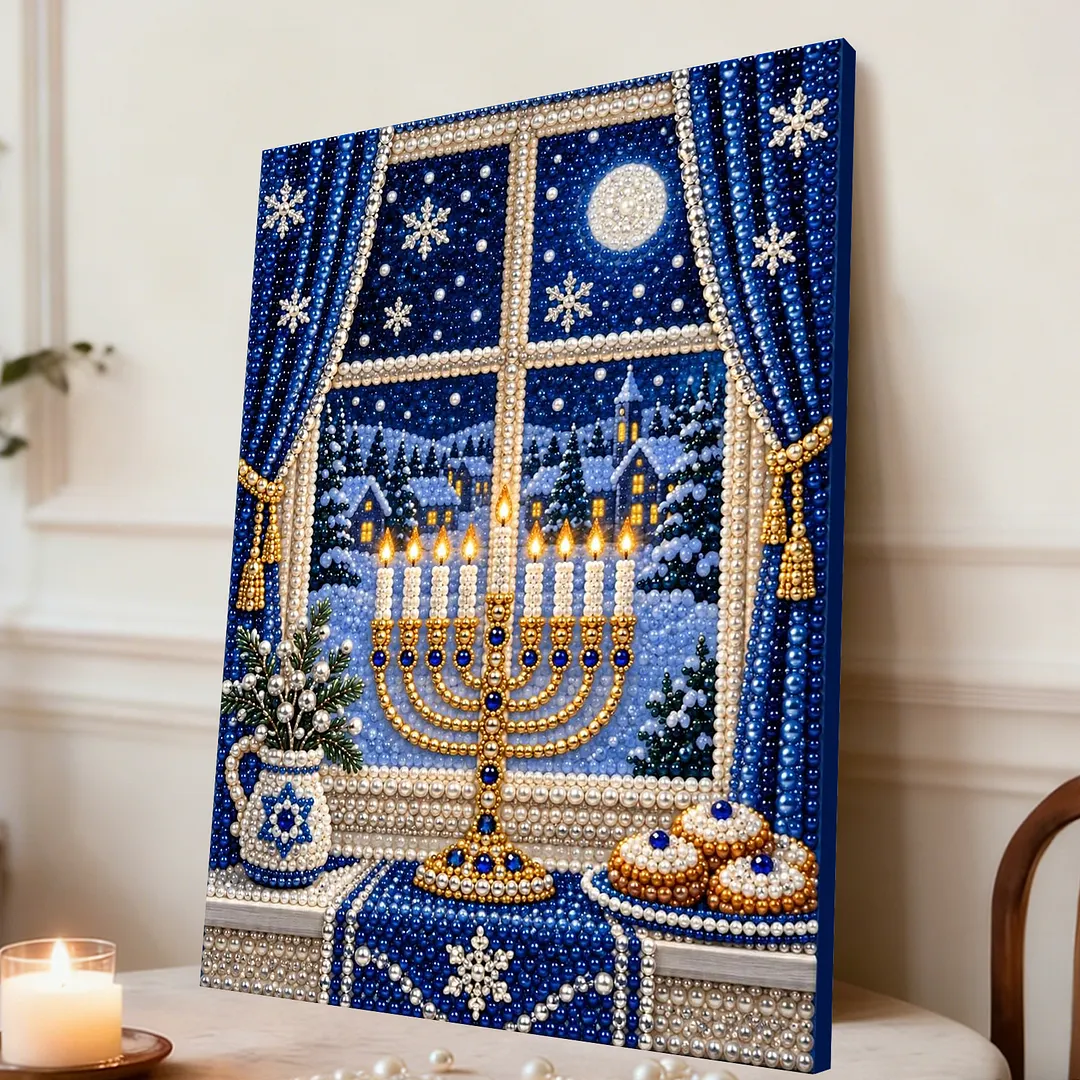 Framed Pearl Painting Kit Hanukkah Menorah 11.81x15.75in