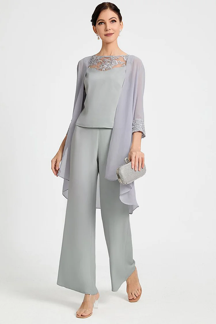 Flycurvy Plus Size Formal Grey Lace Stitching Chiffon 3/4 Sleeve Three Pieces Pant Sets  Flycurvy [product_label]