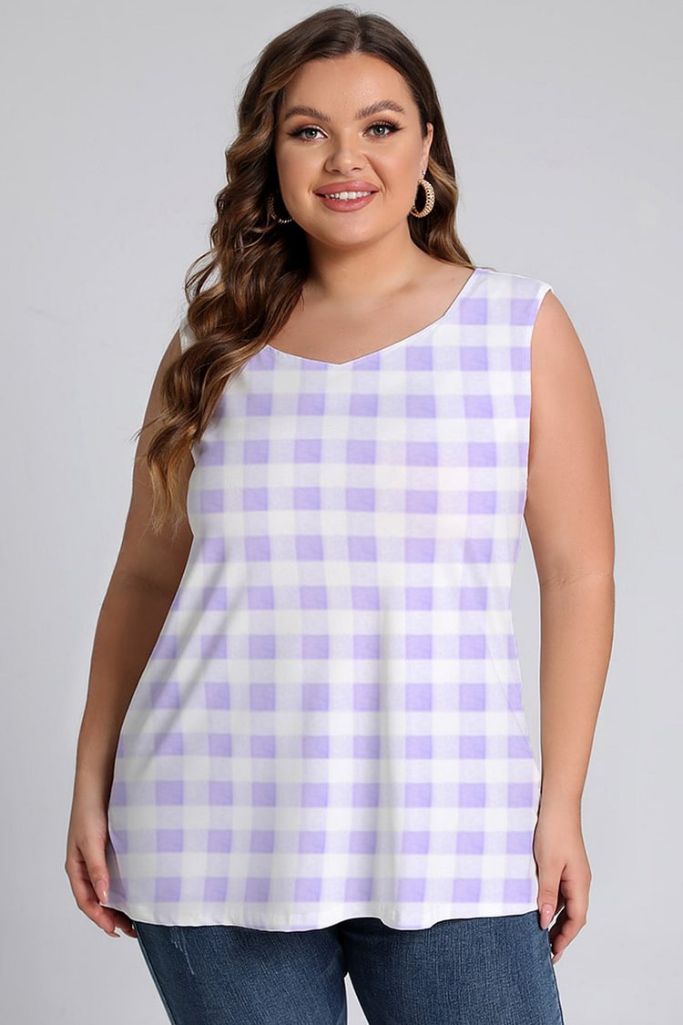 Plus Size Plaid Print V Neck Casual Tank Top  flycurvy [product_label]