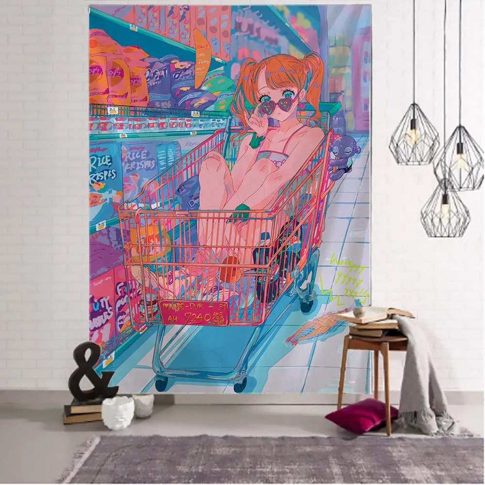Kawaii Anime Girl Tapestry Wall Hanging Pink Cute Boho Style Psychedelic Hippie Background Home Decor