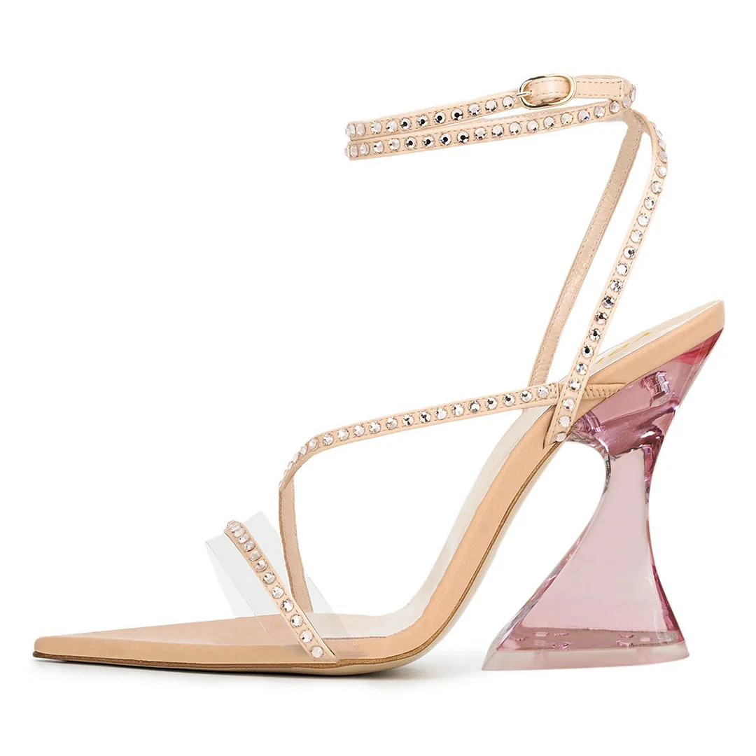 Open-Toe Rhinestone Studded Strappy High-Heel Sandals in Nude