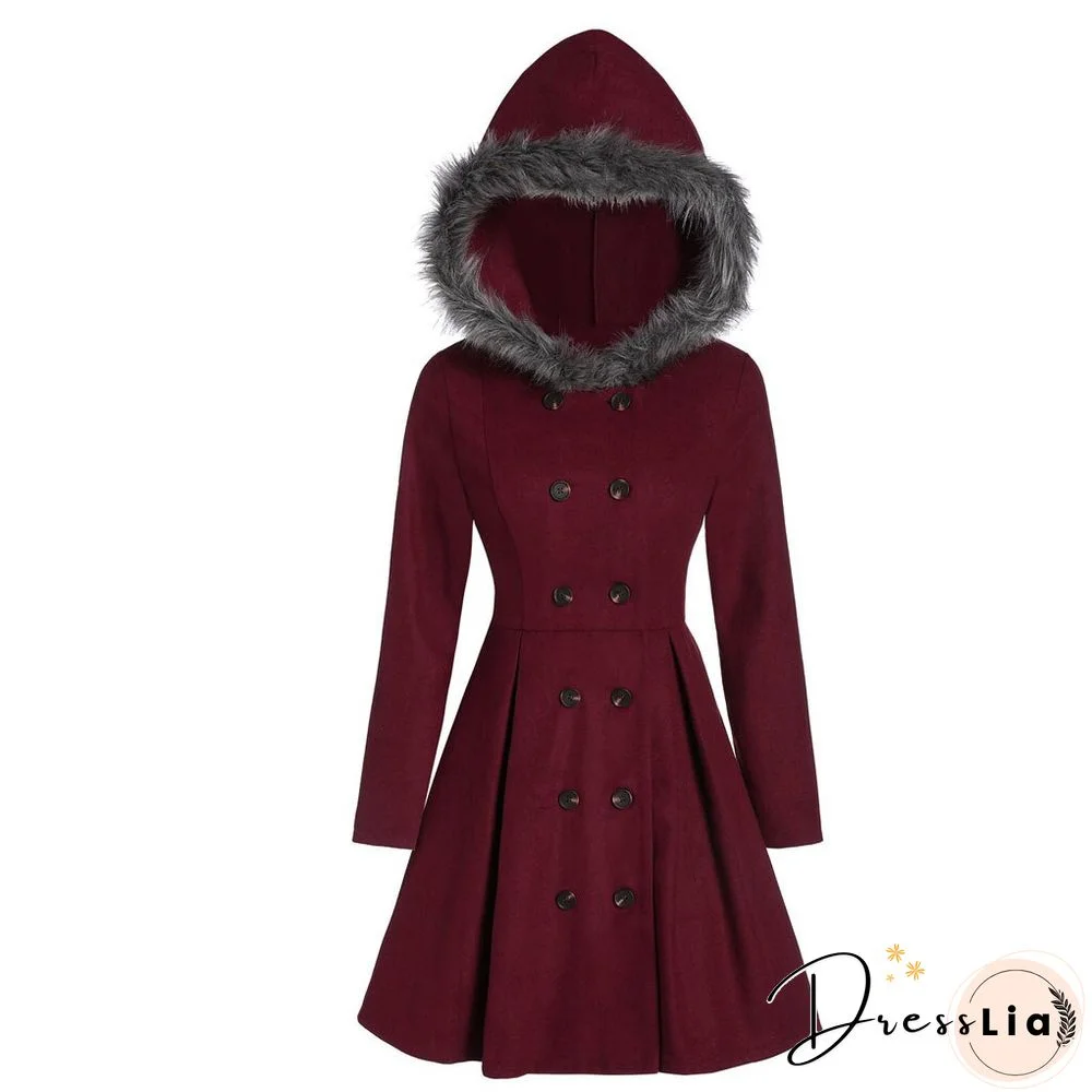 Winter Coats Women Hooded Faux Fur Slim-Fit Office Lady Double-Breasted Midi Coat Hooded Casual Warm Ladies Solid Color Jacket