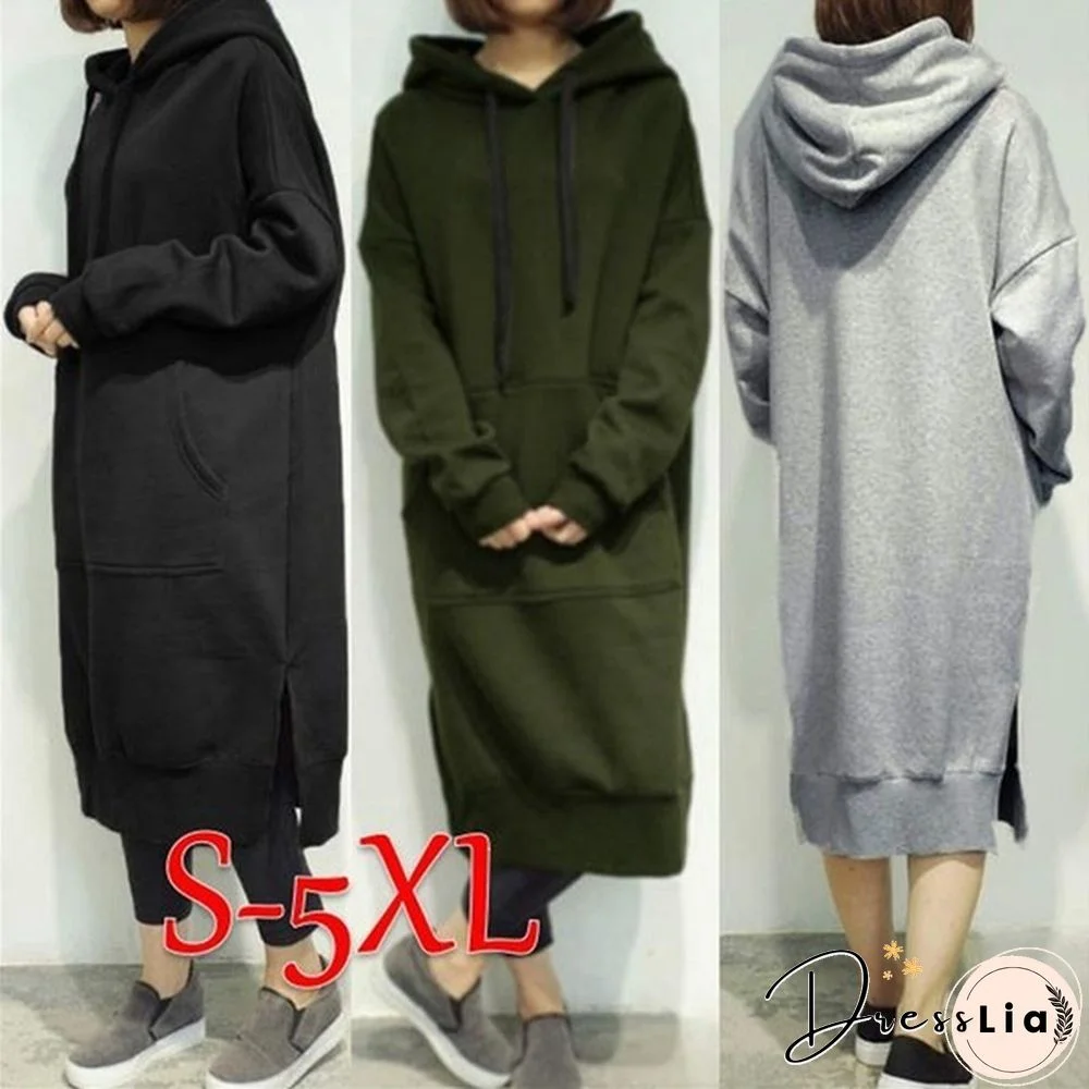 Women Autumn Winter Casual Long Hooded Pullovers Loose Fleece Long Oversized Hoodie Dress S-5XL