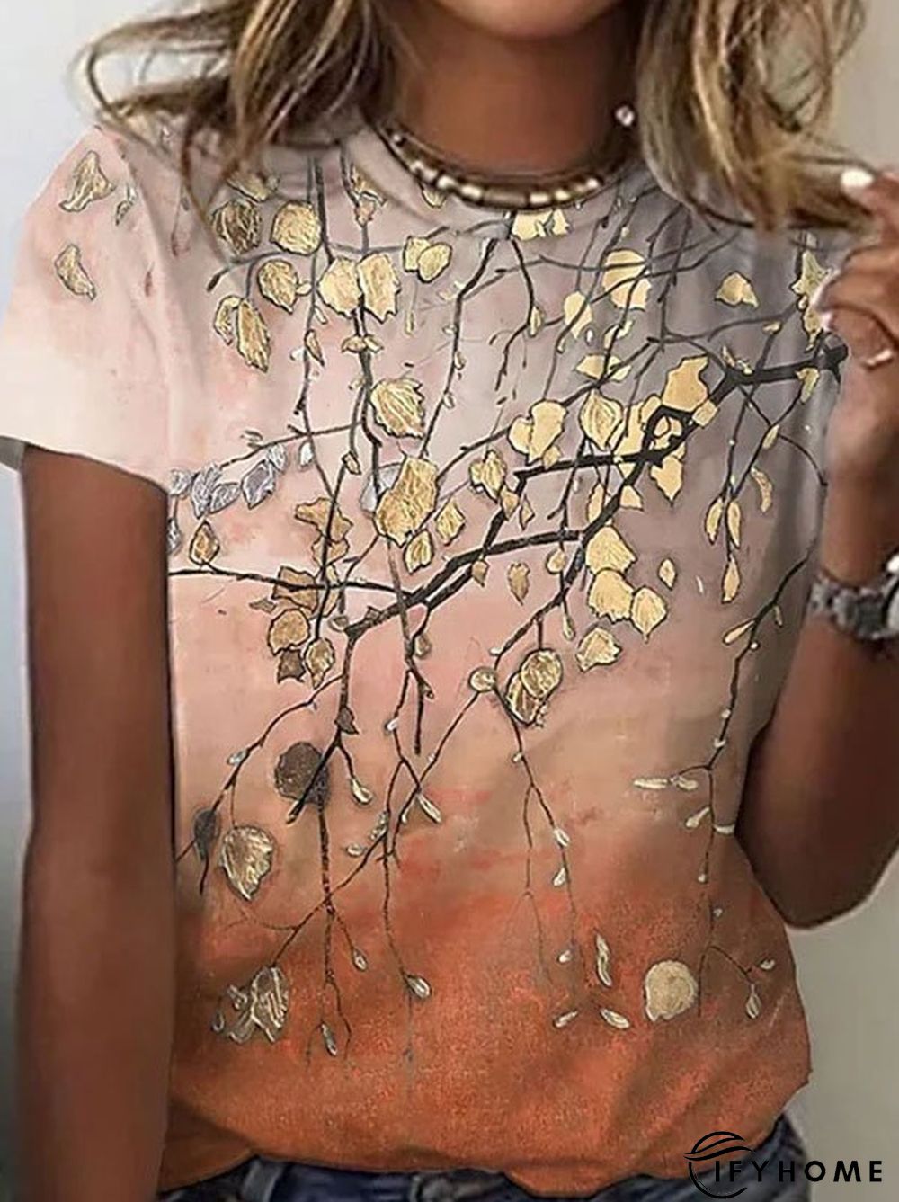 Women's Floral Printed Gradient Crew Neck Short Sleeve Casual T-Shirt | IFYHOME