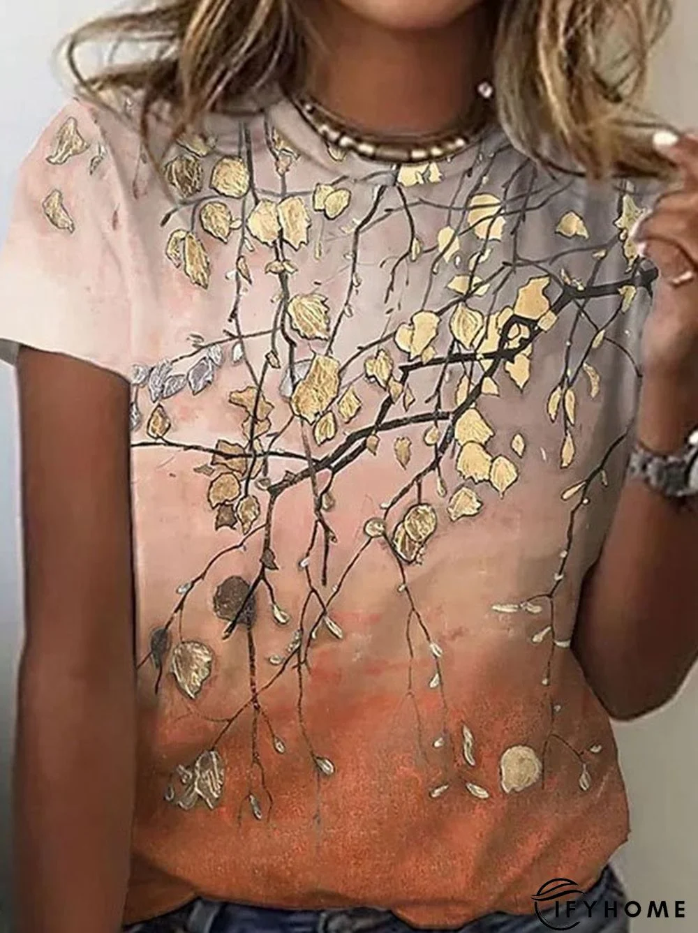 Women's Floral Printed Gradient Crew Neck Short Sleeve Casual T-Shirt | IFYHOME