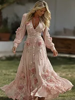 Women's Pink Rose Embroidered Art V-neck Midi Dress