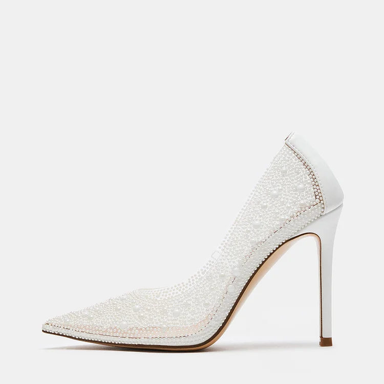 Elegant White Pointed Toe PVC Clear Pumps Pearl Decor Bridal Shoes |FSJ Shoes