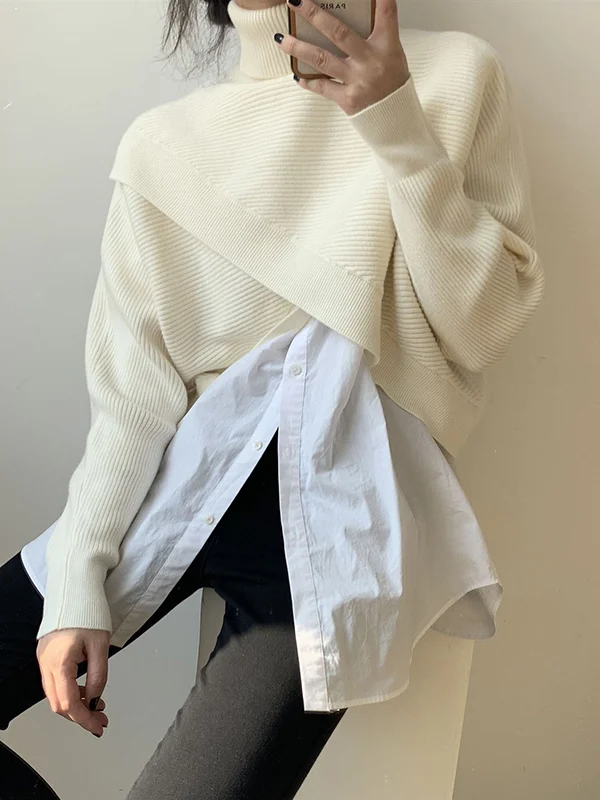Split-Front Solid Color Asymmetric Long Sleeves High-Neck Sweater Pullovers Knitwear