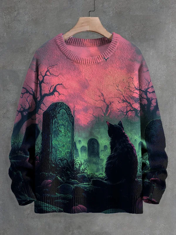 Men's Grim Graveyard And Black Cat Print Knit Sweatshirt