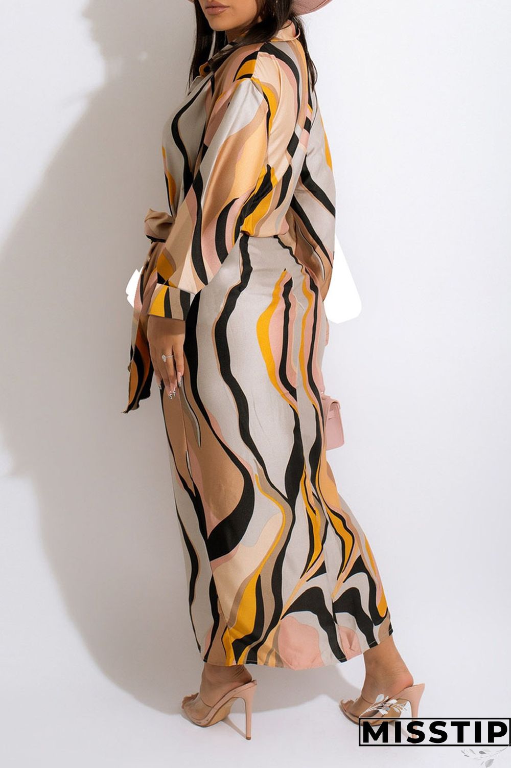 Apricot Casual Print Patchwork Buckle With Belt Turndown Collar Shirt Dress Dresses