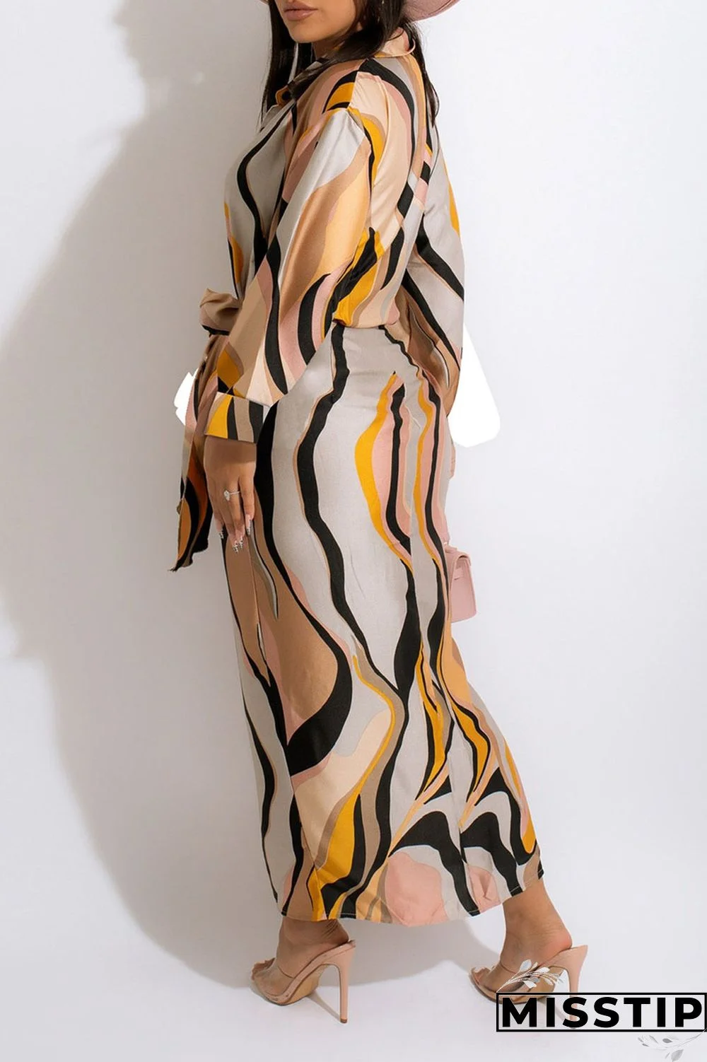 Apricot Casual Print Patchwork Buckle With Belt Turndown Collar Shirt Dress Dresses