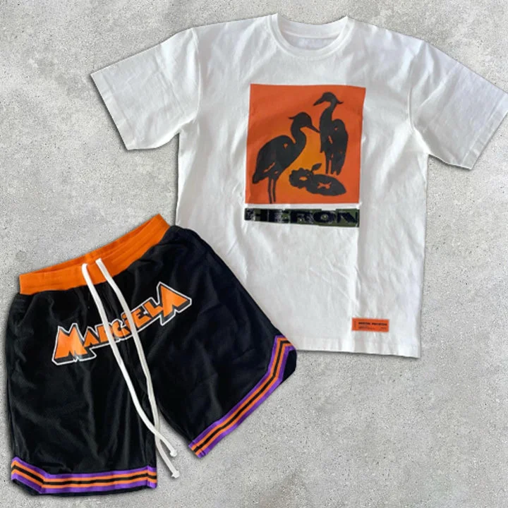 Crane Print Contrast Color Short Sleeve Two-Piece Set