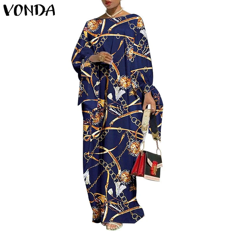 VONDA Robes Women 2022 Vintage Printed Long Sleeve Dresses Casual Loose Bohemian Vestidos Summer Casual Loose Long Maxi Sundress