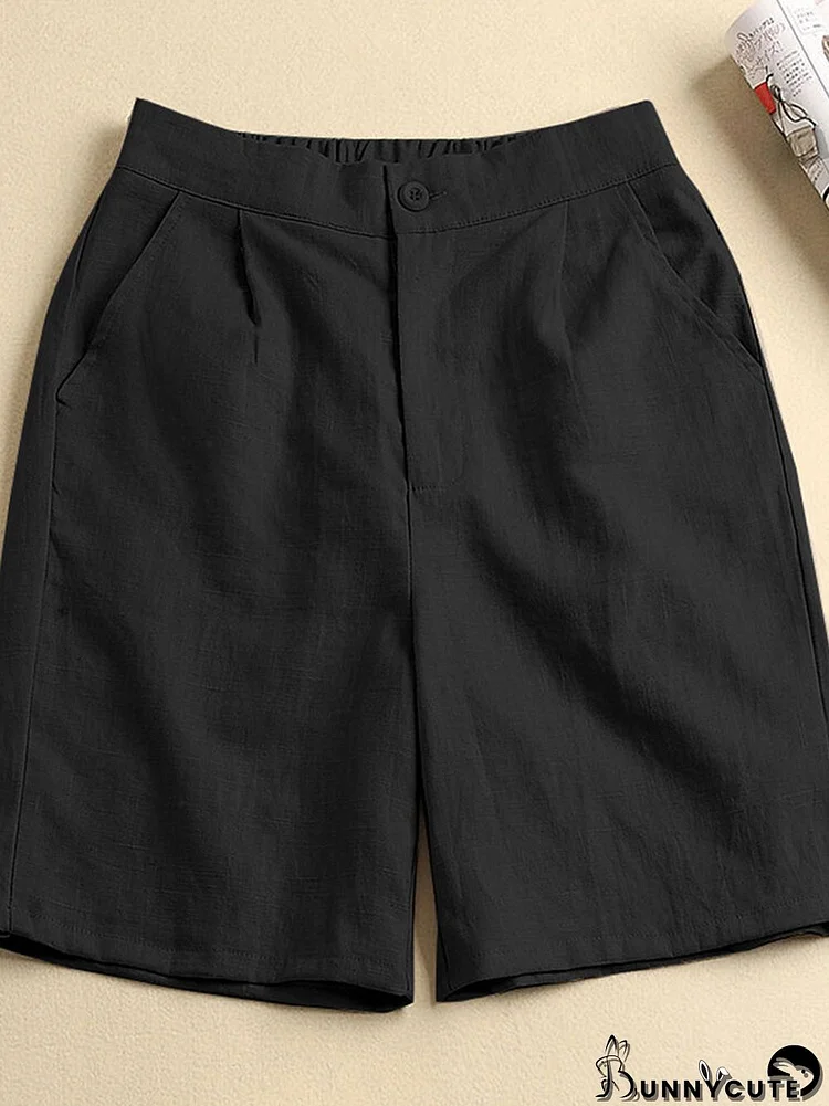 Solid Pocket Elastic Waist Casual Shorts For Women