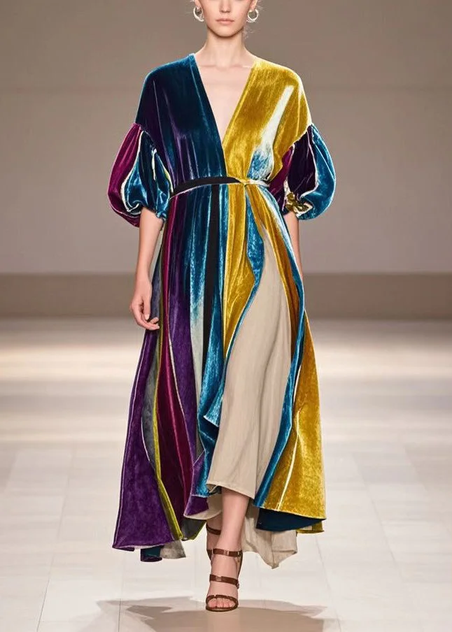 Women V Neck Patchwork Silk Velour Vacation Dress Short Sleeve
