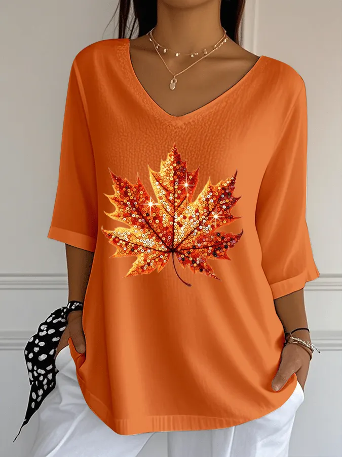 Women's Sequined Maple Leaf Pumpkin Printed Jacquard Fabric Casual V-Neck Top 