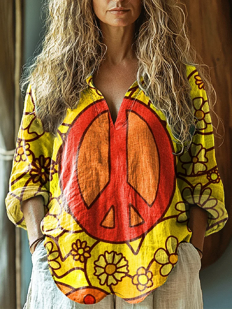 Women's Hippie Art Print Casual Linen V-neck Shirt