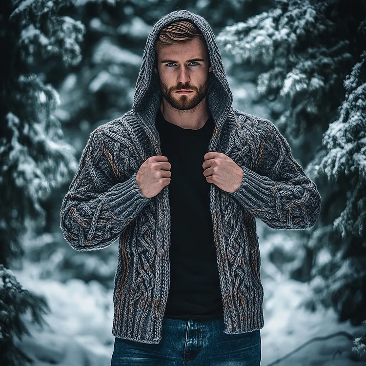 Men's Vintage Celtic Knot Jacquard Chunky Knit Cozy Zip Up Cardigan Sweater