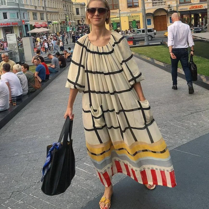Casual Round Neck 3/4 Sleeve Loose Plaid Maxi Dress | EGEMISS