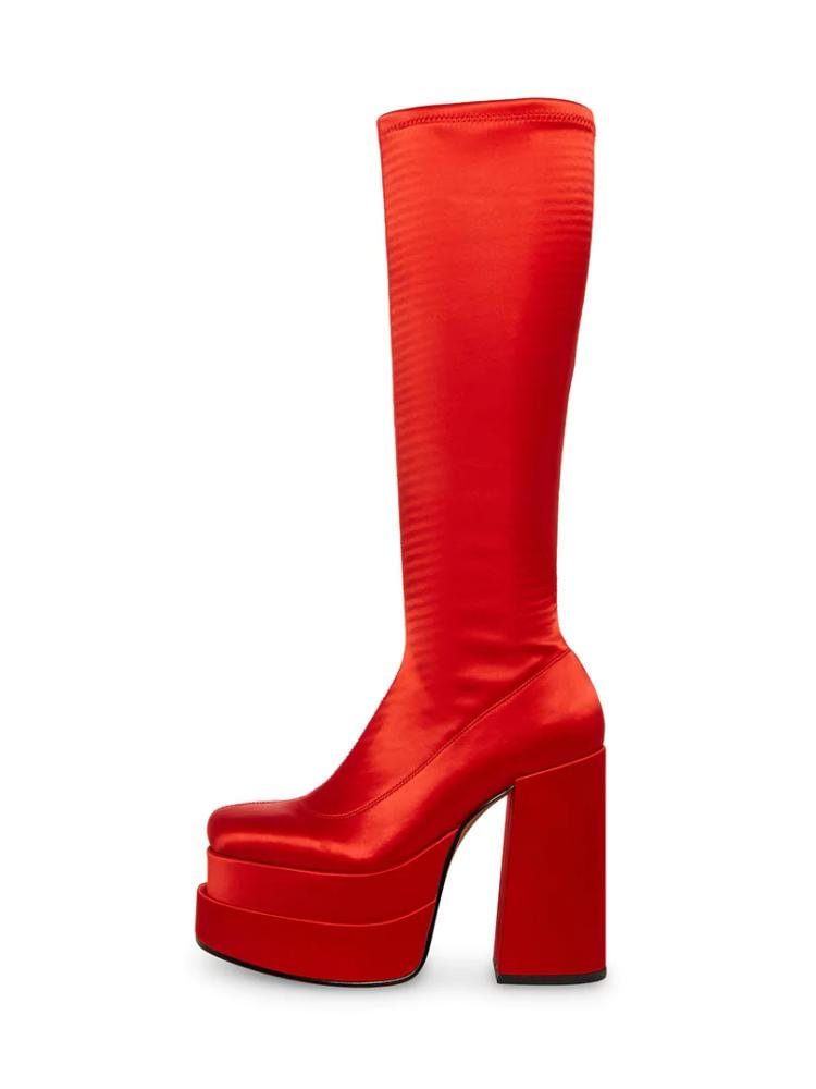 Red Pull-on Gogo Boots Double Platform Heel Knee Mid Calf Boots