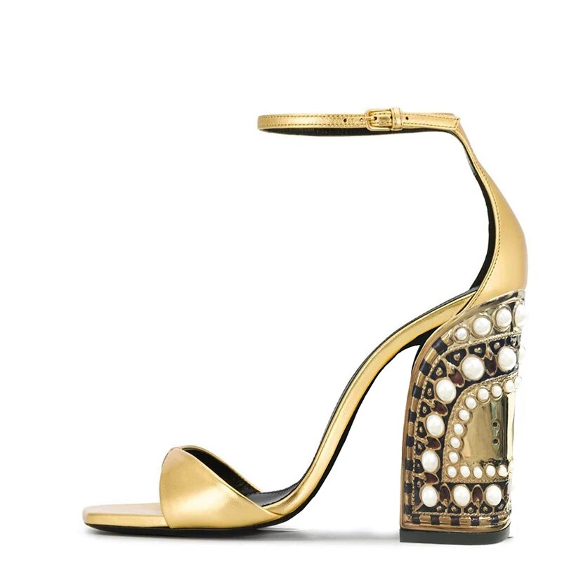 TAAFO Gold Ankle Strap Pearl High Chunky Heels Buckle Sandals Ladies Female Office Shoes