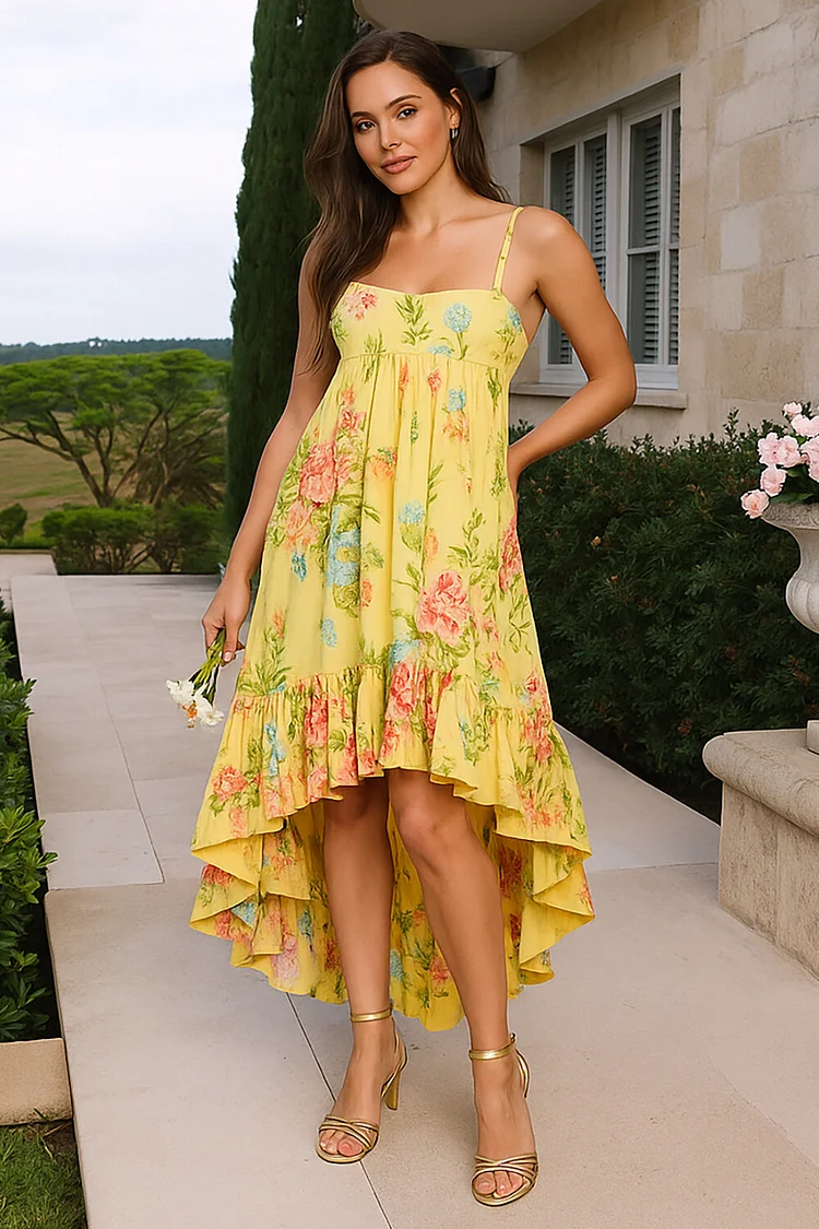 Floral Print Ruffled High-Low Hem Strappy Midi Dresses-Yellow [Pre Order]