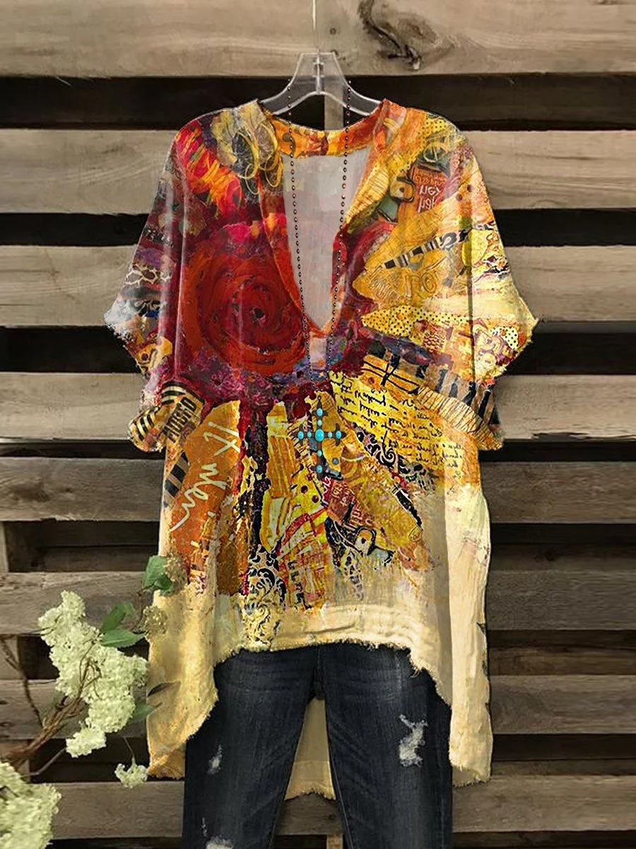 Women's Vintage Western Feather Print Casual Top