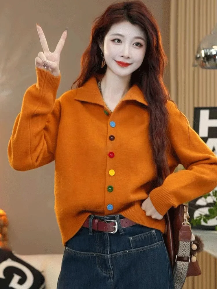 Athvotar Athvotar Goods Color Single Row Buckle Long-Sleeved Top Women Soft Glutinous Comfortable Warm Autumn And Winter Thin Thick Sweater Cardigan