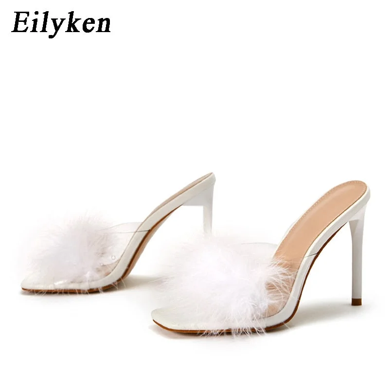 Eilyken Woman Feather High heels Fur PVC Slippers Sandals Women Peep toe Mules Lady Pumps Slides White Pink Black size 35-42