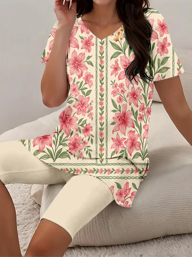 Women Long Sleeve V-neck Graphic Floral Printed Top