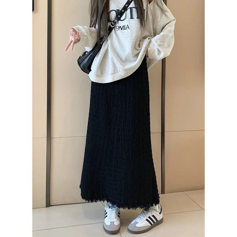 Toloer Toloer New Fashion Straight Tube Hem A Line Skirt Korean Pleated Pendant Feeling High Waist Versatile Knit Long Skirt-Outfit Ideas