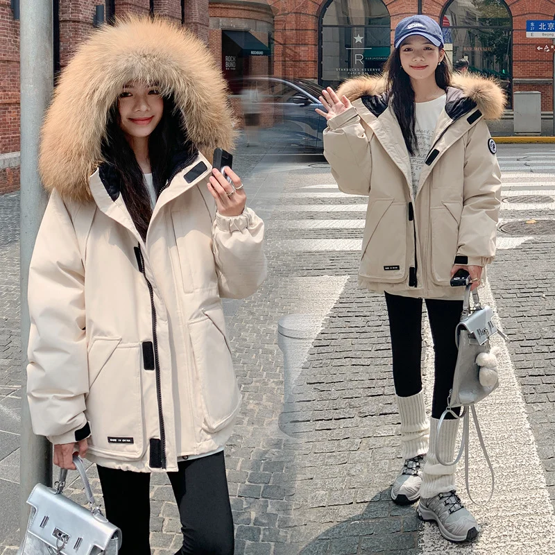 Woherb Parker Down Cotton Jacket Female 2024 Winter New Thickened Senior Couples Big Wool Collar Padded Coat-Outfit Ideas