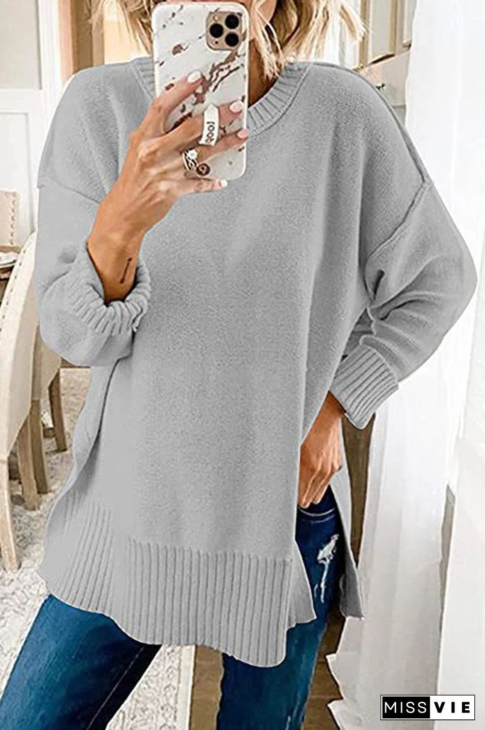 Casual Solid Patchwork Slit O Neck Tops Sweater