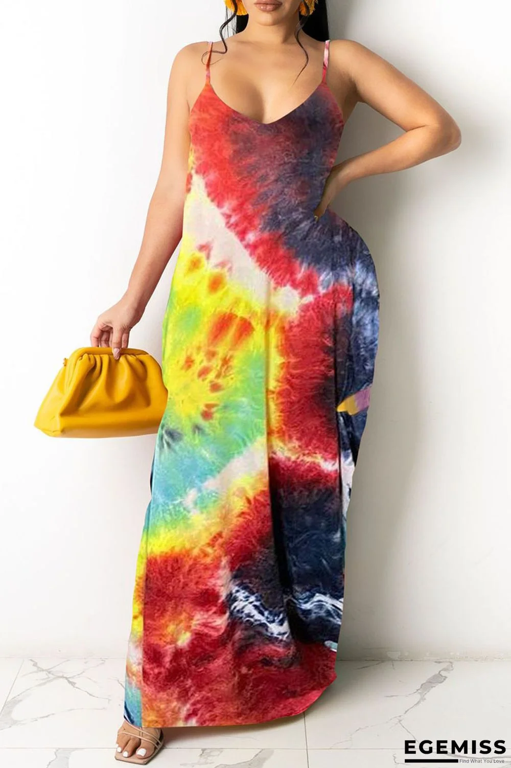 Black Yellow Casual Off The Shoulder Sleeveless Slip Swagger Floor-Length Print Patchwork | EGEMISS