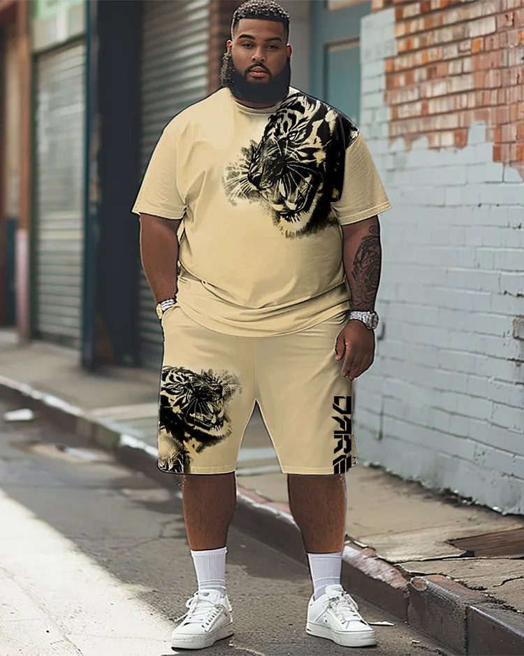 Men's Plus Size Eco-friendly Watermark Craft Tiger Pattern Printed T-shirt Shorts Suit