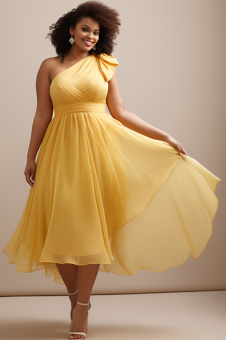 Xpluswear Design Plus Size Wedding Guest Yellow One Shoulder Chiffon Maxi  Dresses