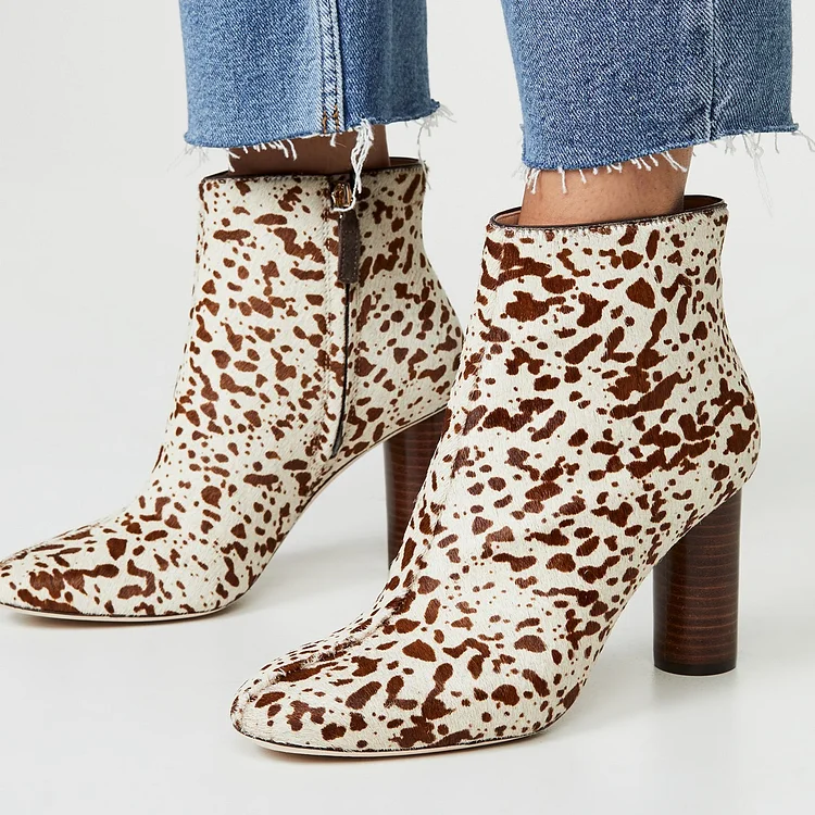 Beige Animal Print Chunky Heel Ankle Boots Vdcoo