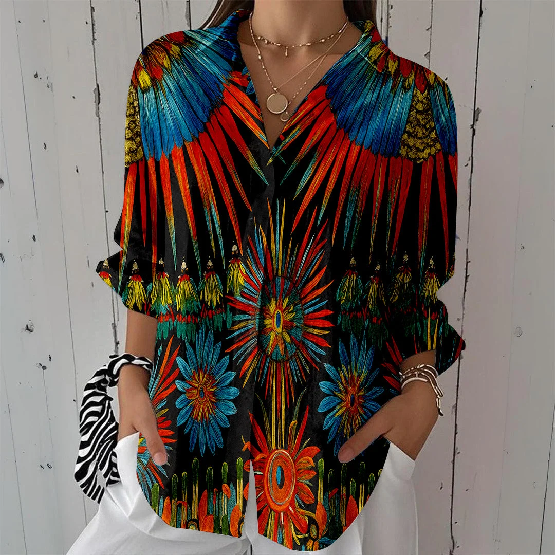 Style & Comfort for Mature Women Women Ethnic, Black, Orange DZCL0490 3/4 Sleeve Shirt Collar Printed Button Tops