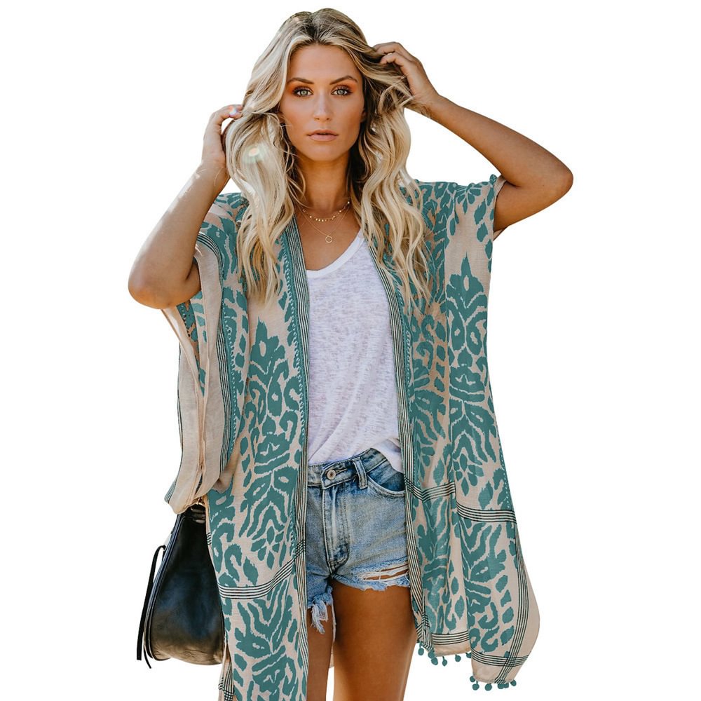 Bali Seaside Holiday Cardigan Short Pompon Kimono Blouse Mid-length Coat For Women