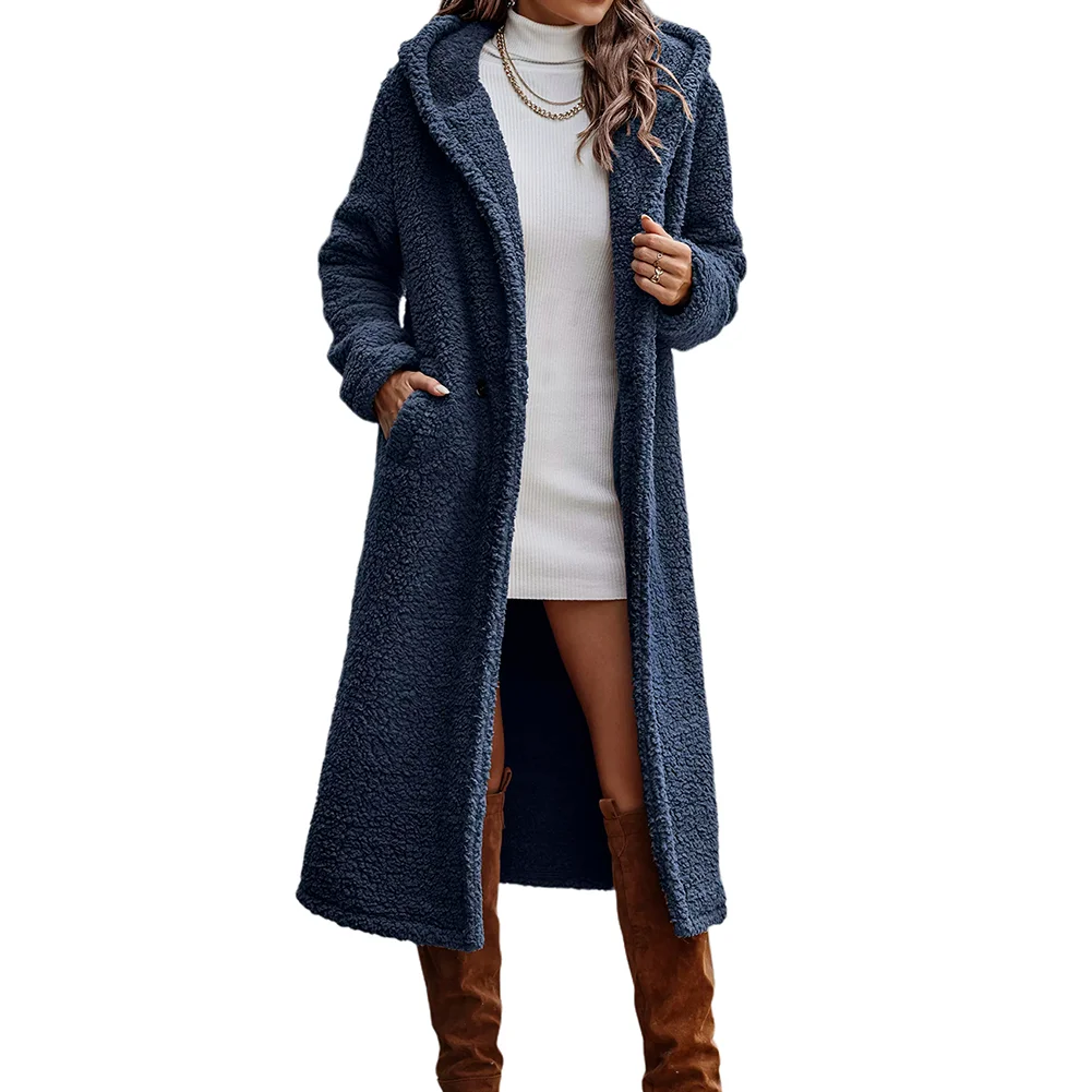 Navy Blue Open Front Long Sleeve Hooded Fleece Coat