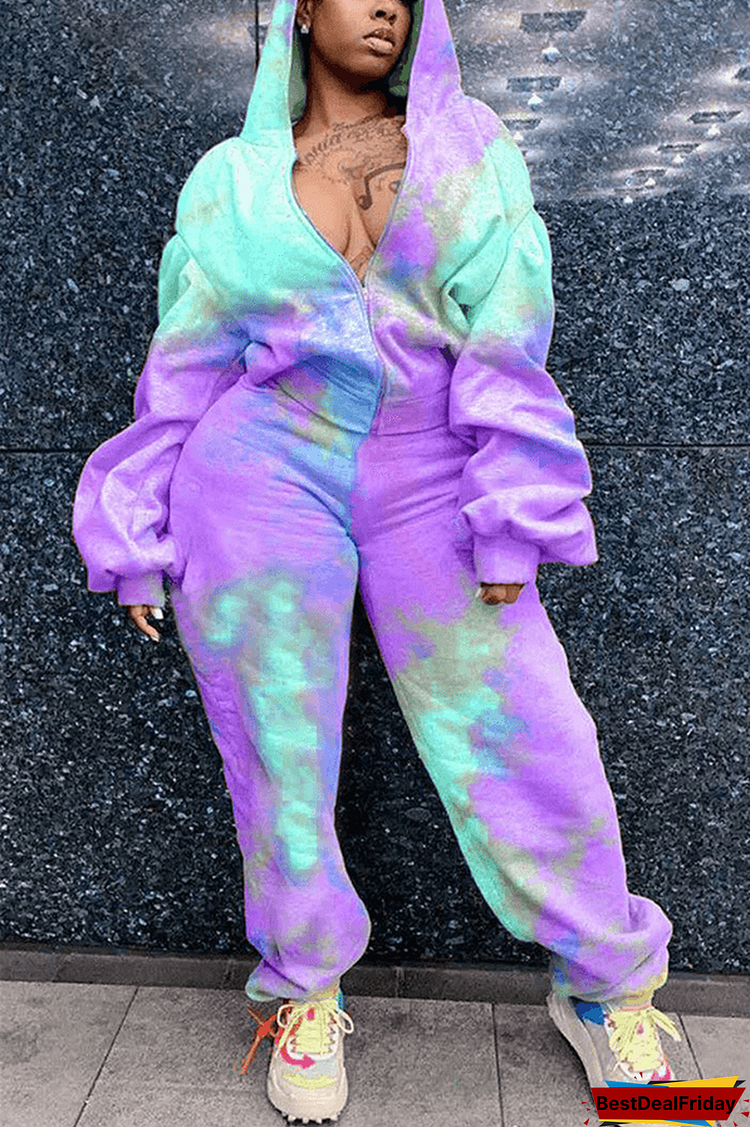 Fashion Casual Tie-Dye Print Hoodie Two Pieces