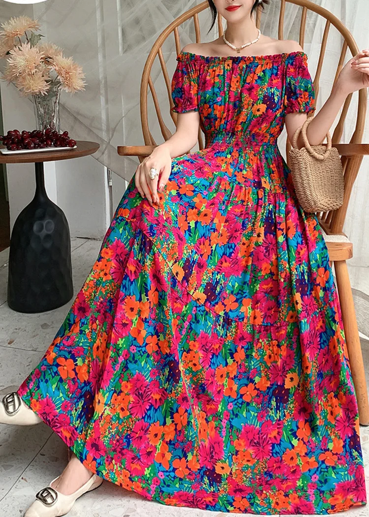Women's floral dress, travel beach dress, printed short-sleeved one-line collar, Maxi Dress