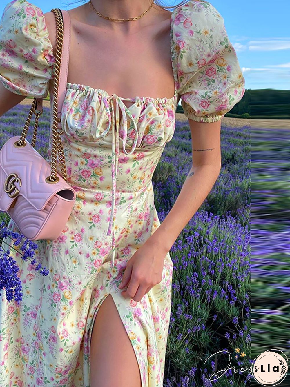 NewAsia Vintage Floral Dress Women Summer Square Collar Puff Sleeve Long Dress Sexy Off Shoulder Side Split A-line Dress