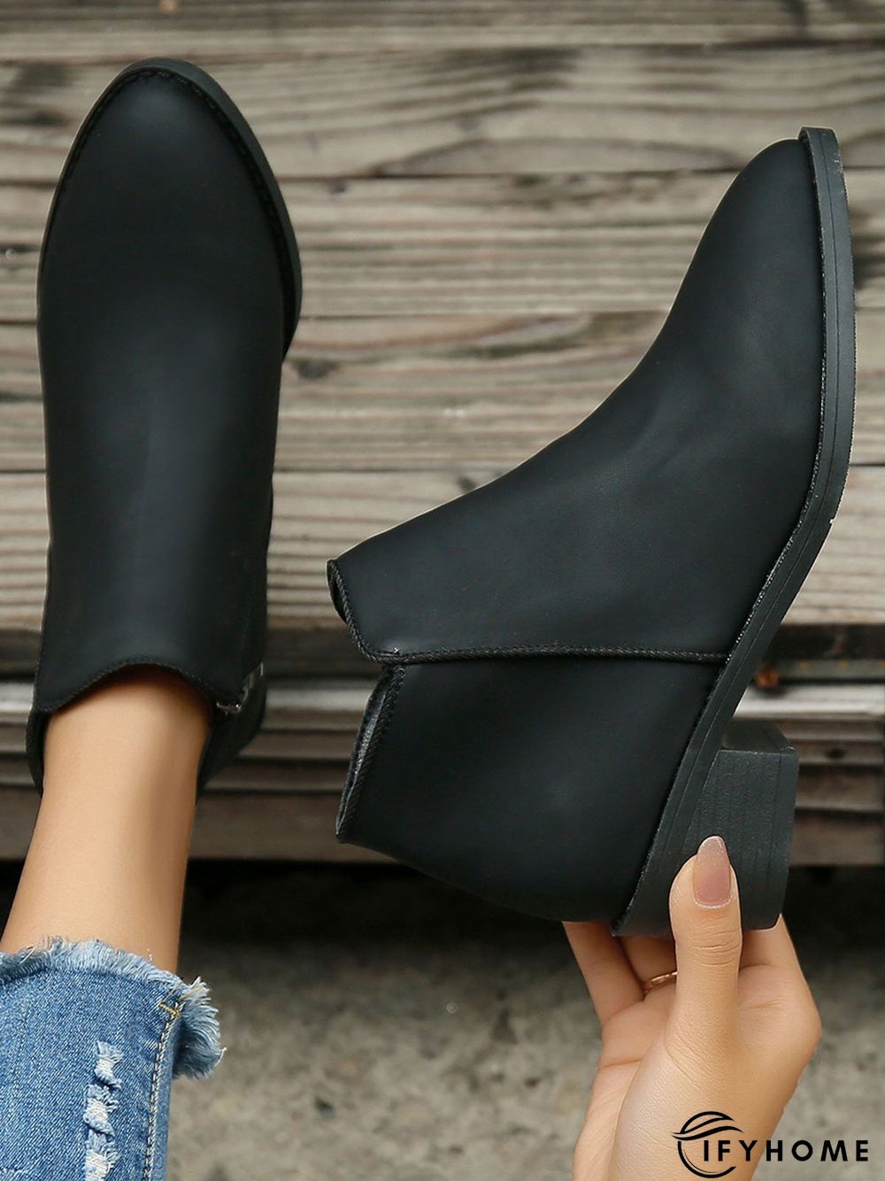 Simple Zipper Pointed Toe Chunky Heel Booties | IFYHOME
