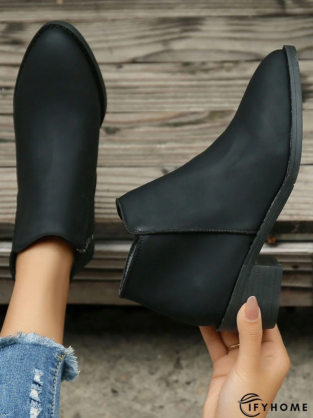 Simple Zipper Pointed Toe Chunky Heel Booties | IFYHOME