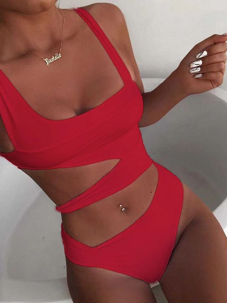 Solid Cropped Hollow One-Piece Swimsuit