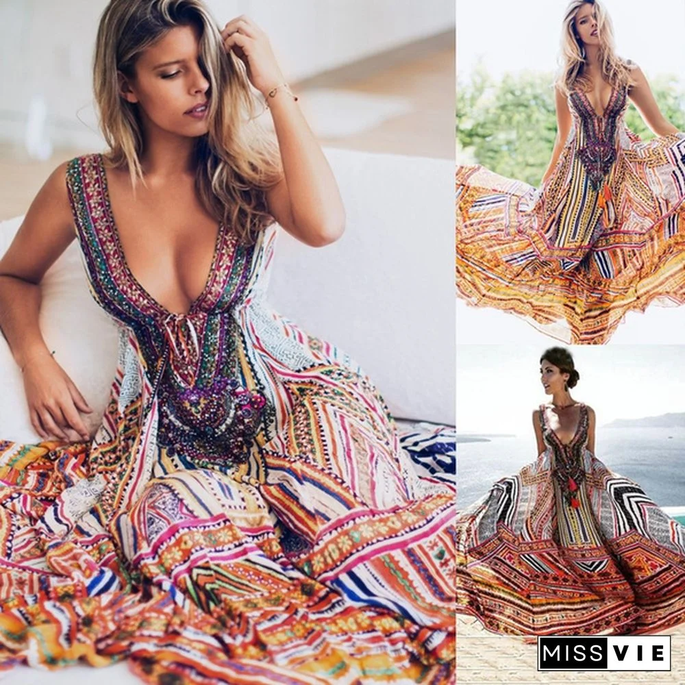 New Vintage Women's Boho Floral V Neck Long Maxi Dress Summer Beach Party Sundress