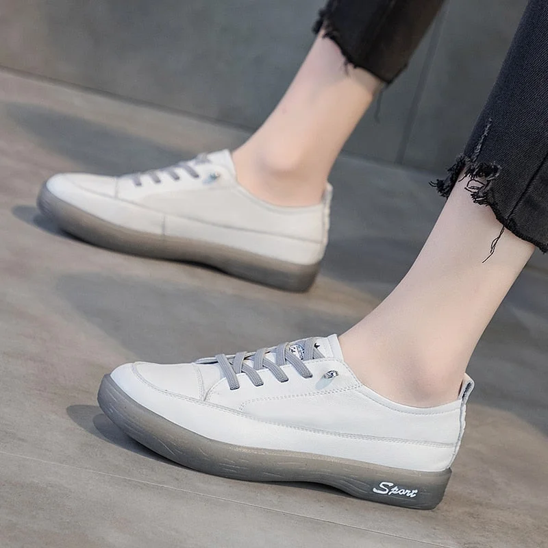 Vstacam Loafers Ladies Genuine Leather Large Size Spring New Lace-up White Shoes Women Fashion Casual Soft Sole Flat Shoes Women
